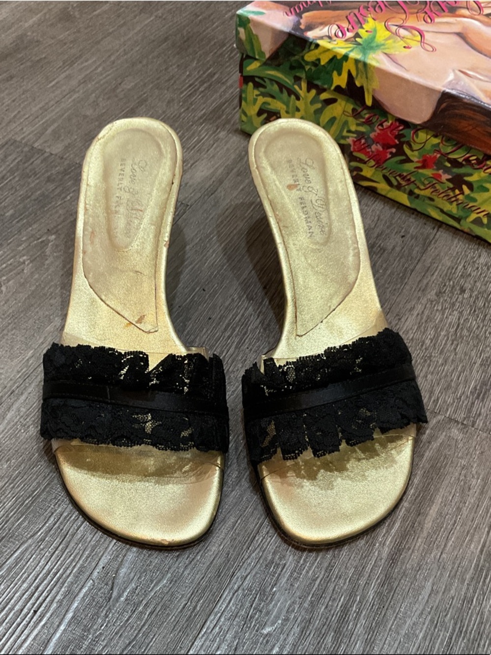 Beverly Feldman Gold Slide Sandals with Black Lace Trim - Women SZ 8.5-9